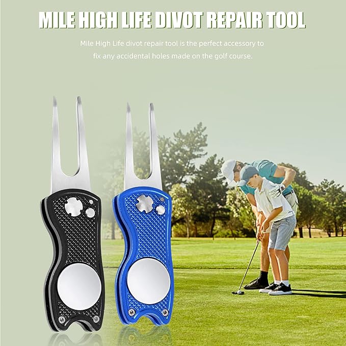 Mile High Life Golf Divot Repair Tool, All Metal Foldable Divot Tool with Pop-up Button & Magnetic Ball Marker, 2-6 Pack
