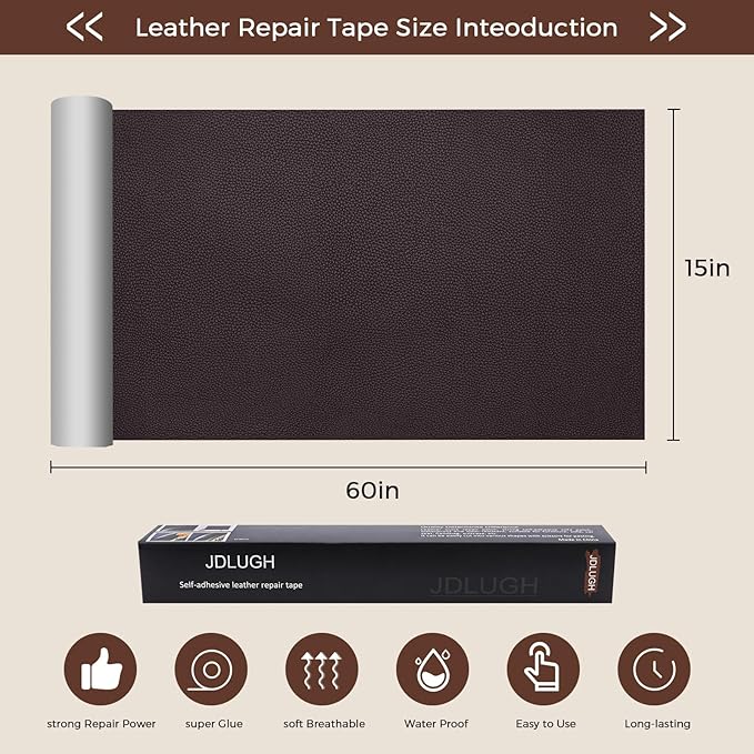 JDLUGH Sofa Leather Repair Patch Tape, Large Self Adhesive Couch, Car Seat, Office Chair, Leather Furniture, Vinyl Repair Patch Kit for Furniture (15 * 60 Inch, Dark brown2.0)
