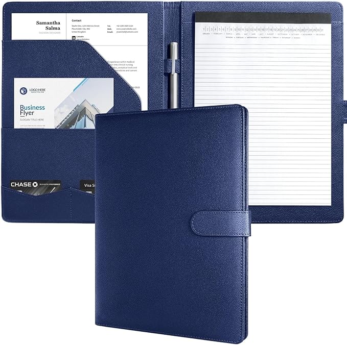 Mymazn Padfolio, Portfolio Folder, Legal Pad Holder, Resume Folder | Faux Leather Binder with Document Organizer, Business Card Holder, Letter-Size Notepad for Interview, Men & Women, Deep Blue