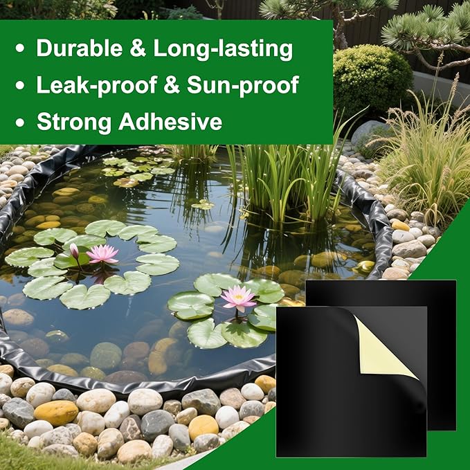 Adroiteet 2 Pcs Pond Liner Repair Kit, 10" x 10" Adhesive Rubber Patch Kit for EPDM HDPE Outdoor Ponds Liners Waterproof Leak Seal for Garden Fish Pond Pools