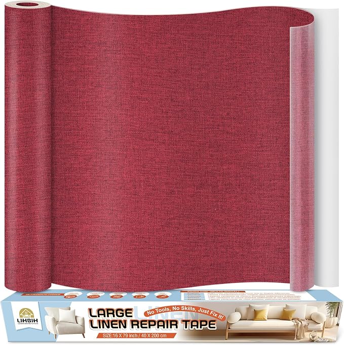 Linen Fabric Repair Tape 16x79 Inch, Self Adhesive Couch Patch Repair Fabric Tape for Furniture, Linen Patch Kit for Couch, Carpet, Upholstery, Chair, Sofa, Cushion, Bag (Dark Red)