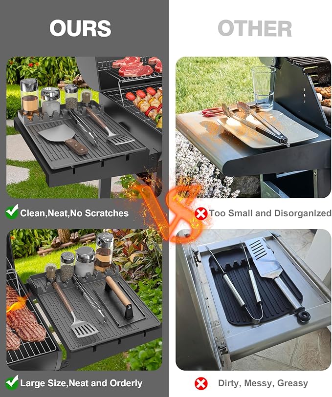 Silicone Grill Mat Compatible with Blackstone, BBQ Griddle Tools Mat with Drip Pad, Large Spatula Holder for Outdoor Kitchen Counter, Gifts for Men （Gray）