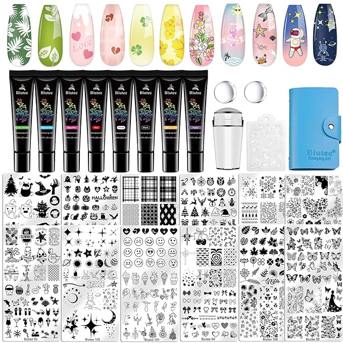 Biutee Nail Stamping Plate Set 12PCS Nail Art Stamp Plates 8PCS Stamping Nail Gel Polish, Nail Stamper and Scraper, Butterfly Leaves Bow Design Nail Stamping Kit with Storage Bag