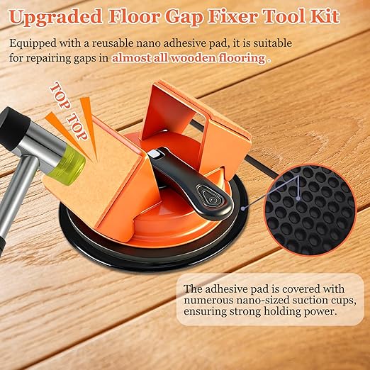 Floor Gap Fixer Tool Kit with Reusable Nano-Adhesive Pad,Heavy-Duty 45°Striking Surface Laminate Floor Repair Tools with Enhanced Suction Cup for Fixer Wood/Vinyl Plank Flooring (Orange)