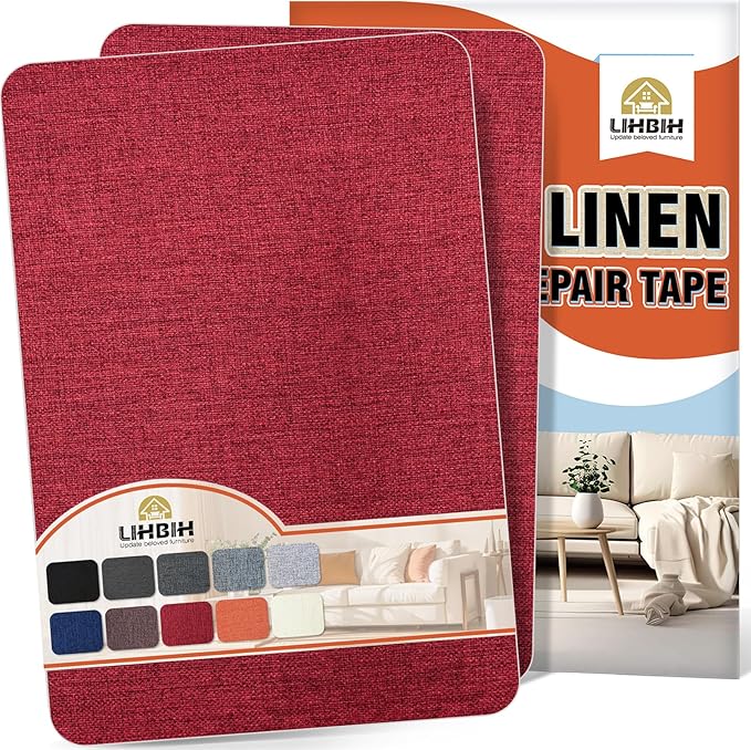 Linen Fabric Repair Tape 2 Pcs 8x12 Inch, Self Adhesive Couch Patch Repair Fabric Tape for Furniture, Linen Patch Kit for Couch, Carpet, Upholstery, Chair, Sofa, Cushion, Bag (Dark Red)