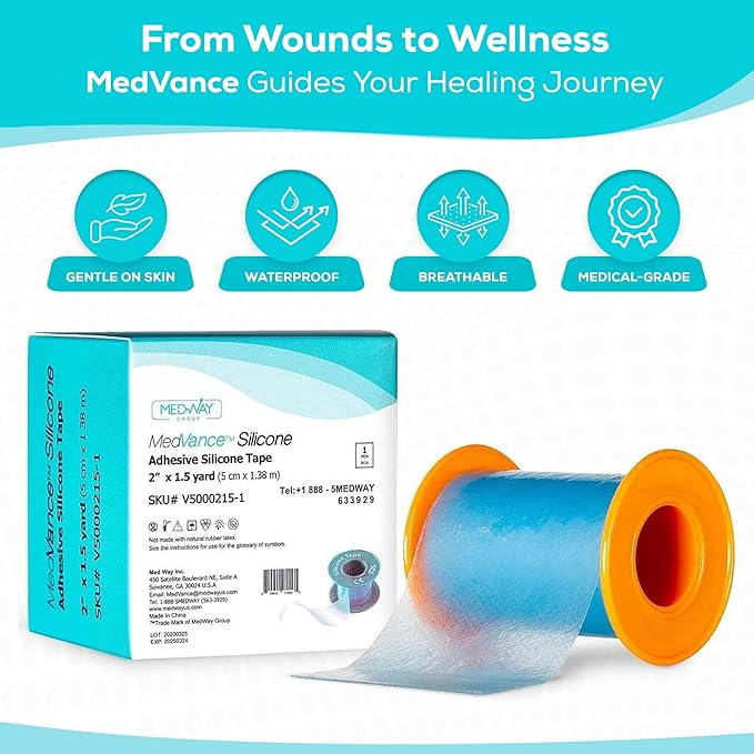 MedVance Silicone Tape Medical, Perforated Surgical Tape Sensitive Skin, Waterproof Tape for Skin, Medical Tape for Wound Care, Eyelash Tape, Gentle Skin Tape, 2" Width (1 Pack, 180 Inches)