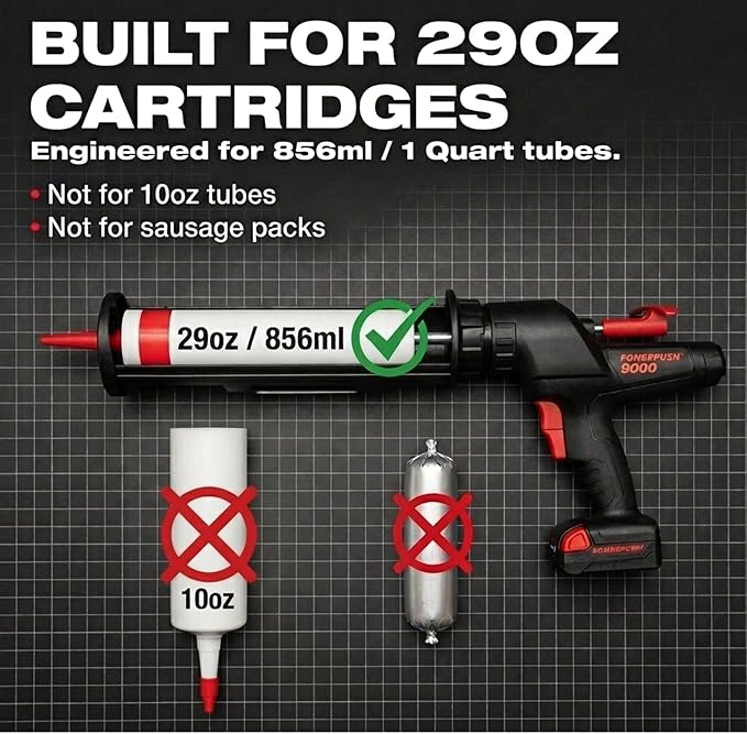 Heavy Duty Caulking Gun | 12V Cordless Drive | 29oz Cartridges 856ml 1 Quart | 450lbs Thrust | No Drip Professional Calking for Painters, DIYers, Automotive, Contractors