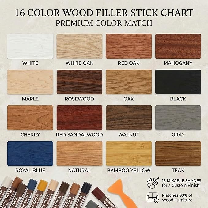 Wood Filler Sticks,16 Colors Wood Crayons for Scratches, Scuffs, Cracks, Stains and Holes, Furniture Wax Crayons Pen for Touch Up Furniture, Floors, Cabinets, Tables, and Doors