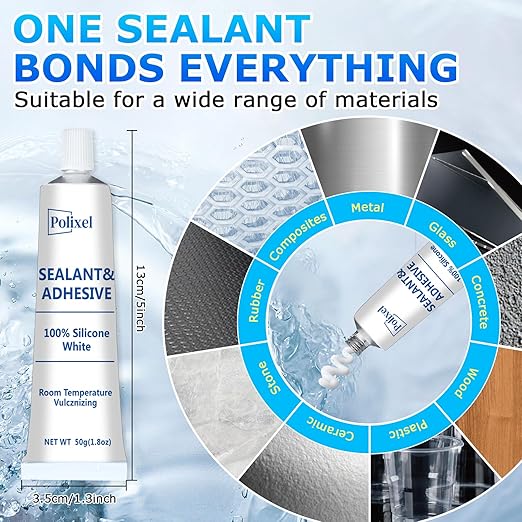 White Silicone Sealant & Adhesive RTV 100% Silicone Caulk Waterproof for Kitchen, Bathroom, Windows & Car High Strength Adhesive All-Purpose Shrink & Crack Proof Caulking - 1.8oz/50g