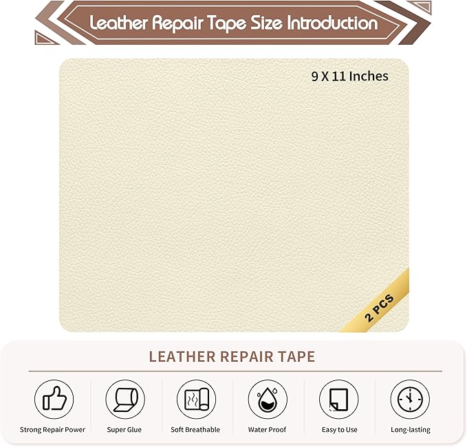 KING MOUNTAIN Leather Repair Patch,2 Packs 9 x 11 Inches self Adhesive Leather Repair Tape for Damaged Leather Furniture, Sofa Seating,Car Seats, Leather Goods(Beige White)