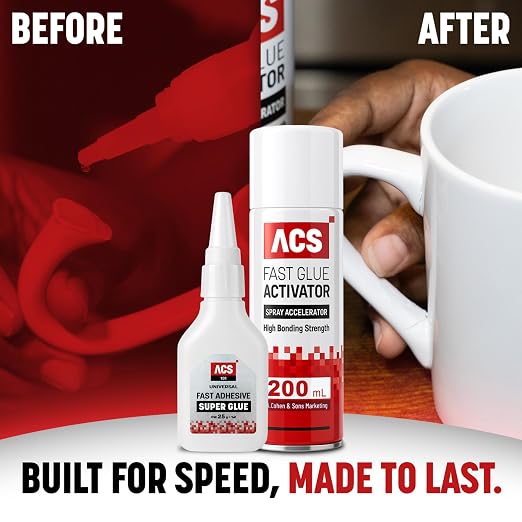 ACS Universal Super Glue & Activator Set - 1.76oz Activator + 6.76oz Thick Adhesive - Premium Spray Accelerator Bundle for Woodworking, Plastic, Crafts, Leather
