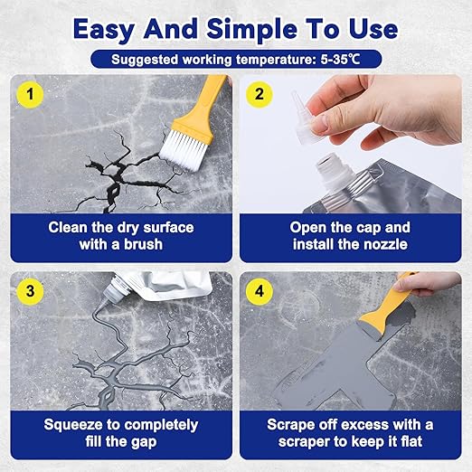 Concrete Crack Filler, High Elasticity Self Leveling Cement Magic Crack Filler for Concrete, Fast Drying, Repairs Cracks in Driveways, Patios, Sidewalks, Indoor and Outdoor - Grey (4pcs)