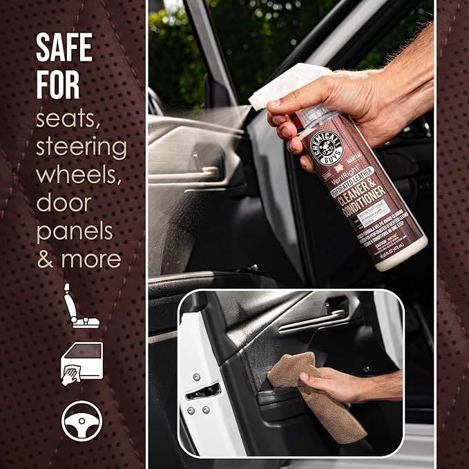 Chemical Guys Perforated Leather Cleaner and Microfiber Towel Bundle, VentRight Leather Cleaner Conditioner 16 oz with Gray Everyday Cleaning Towels 6 Pack for Car Interior Detailing