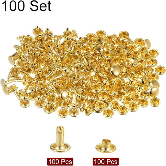 HARFINGTON 100 Sets Leather Rivets 8 x 7mm Metal Double Cap Rivet Snaps Studs Fasteners with 3pcs Setting Tools Rivets for Leather Craft DIY Repair Decoration, Gold Tone