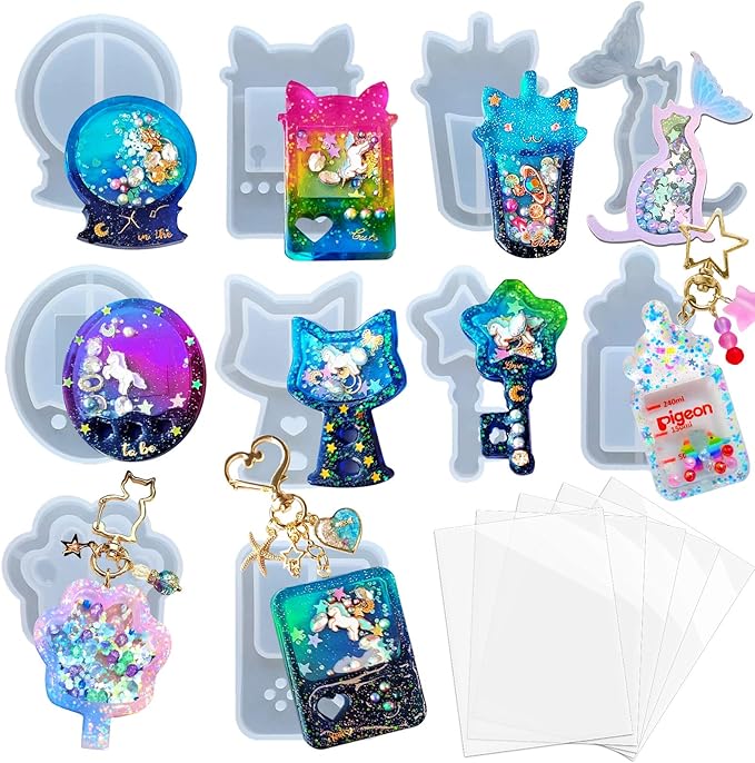 Resin Shaker Molds Set Game Consoles, Bottle, Cat's Paw, Crystal Ball 10 Silicone Trays with 5 Seal Films