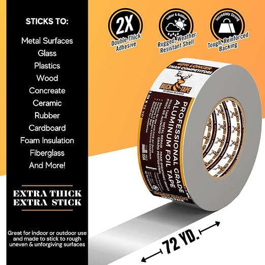 Buck Aluminum Foil Tape – 3 Inch x 216ft (72 yd), 3.6 Mil – HVAC Tape for Ductwork, AC, Dryer Vents & Insulation – Silver Foil Tape for Metal Repair, Exhaust Sealing & Air Conditioning (1 Pack)