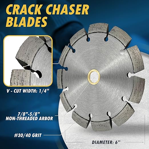 6" Crack Chaser Blade for Cured Concrete, Asphalt Repair or Joint Widen, 0.375" Width, 7/8"-5/8" Non-Threaded Arbor