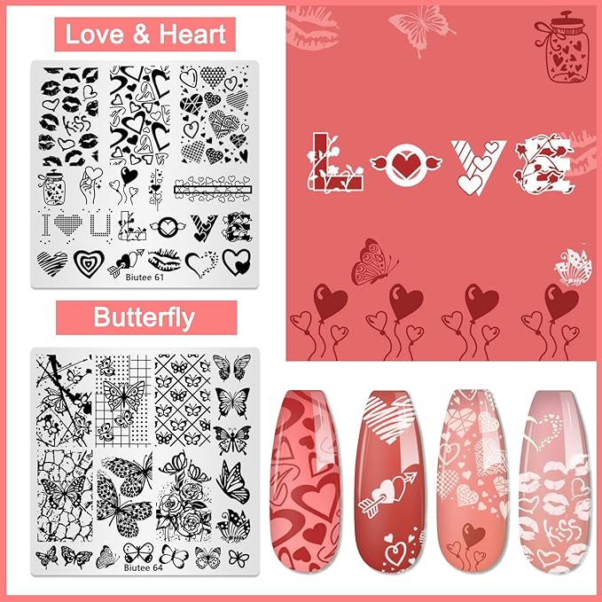 Biutee Nail Stamping Plates Set 15PCS Nail Art Stamper Scraper Nail Art Stamping Kit with Storage Bag Gift Box Nail Stamp Template Kit Lace Flower Butterfly Star Holiday Design