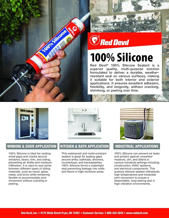 Red Devil 0820 100% Silicone Sealant Architectural Grade, 2.8 oz. Tube, Clear, 1 Pack