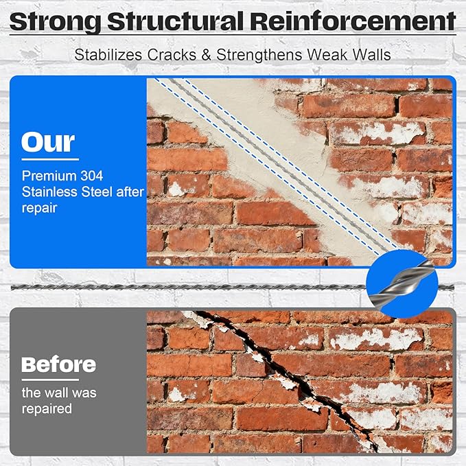 Wall Repair Helical Stitching Tie, 10 Pack, 304 Stainless Steel, Suitable for Repairing Cracks in Bricks, Blocks and Stone Masonry