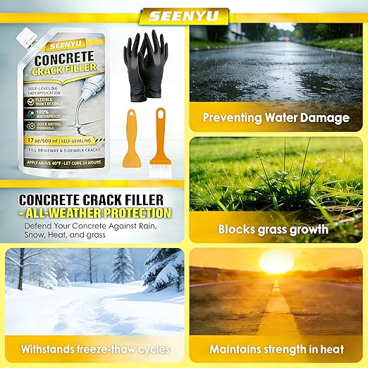 Concrete Cement Crack Filler Self-Leveling Sealant, Waterproof Fast-Drying Concrete Sealer Repair, Flexible Easy DIY Crack Seal Gule for Driveway, Sidewalk, Patio, Garage Floor, Asphalt - 4PC