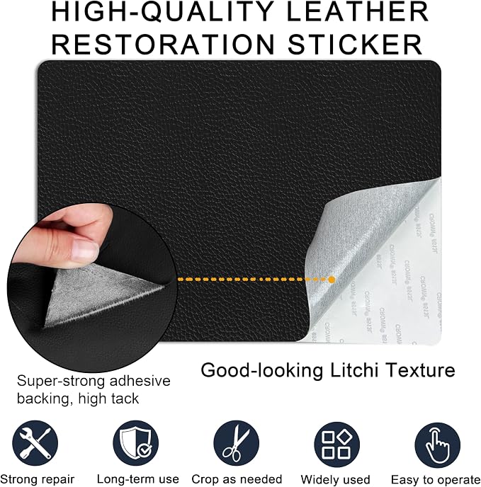 Self Adhesive Leather Repair Patch,8x12 inch Vinyl Repair Kit,Leather Repair Kit for Furniture,Car Seat,Couch,Office Chair,2 Pcs Black