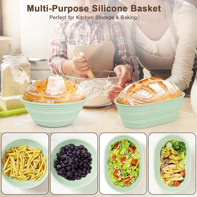 Upgraded & Thickened Silicone Banneton Bread Proofing Basket, JOCXSPI 10" Oval & 9" Round Sourdough Basket with Silicone Lid, Foldable, Non-Stick, BPA-Free, Easy-Clean