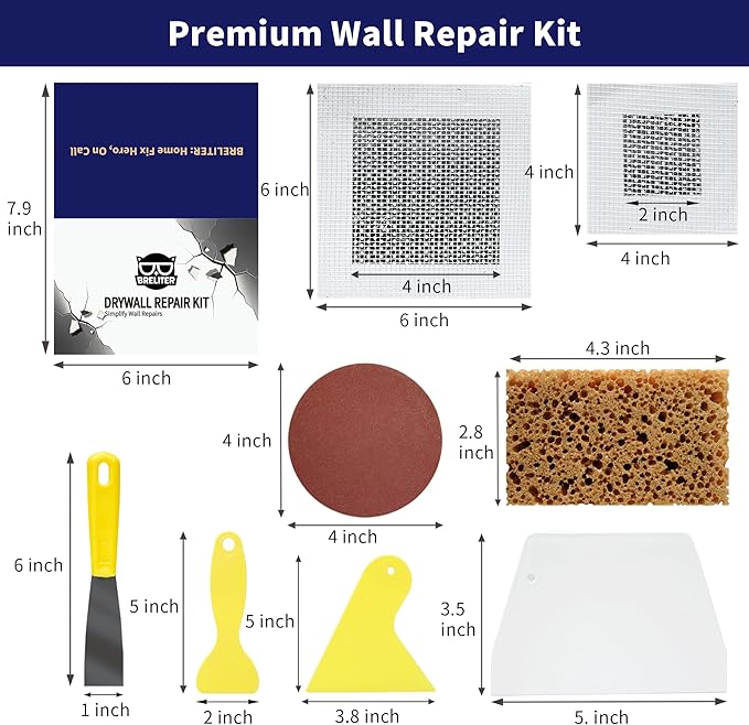 Breliter Drywall Patch Repair Kit - Premium All-in-One Repair Set (Patches/Scrapers/Sandpaper/Texture Sponge/Putty Knife) for Wall Holes, Cracks, Graffiti & Stains, Formaldehyde-Free, White (8.8oz)