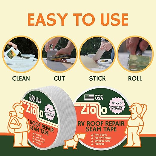 Ziollo RV Repair Kit with 2 x 10 oz of Self Leveling Caulking Lap Sealant & 1 RV Roof Repair Seam Tape 4" x 25' - Works on EPDM, TPO, Metal & Fiberglass