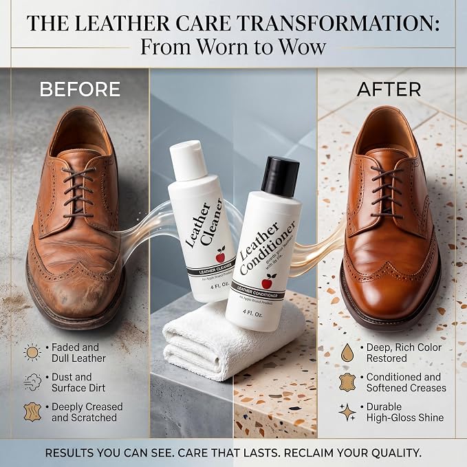 Apple Brand Leather Cleaner & Conditioner Kit - for Use On Leather Purses, Handbags, Shoes, Boots & Accessories - Safe On Colored and Natural Leather