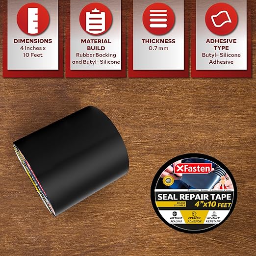 XFasten Waterproof Patch and Seal Tape, Black, 4-Inch by 10-Foot Roof and Gutter Rubber Repair Tape for Stop Leak Repair on Gutter, Roof, Boat, Pool Liner and HVAC – Waterproof and Puncture-Resistant