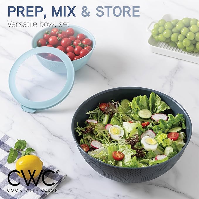 COOK WITH COLOR Mixing Bowls with Lids - 12 Piece Plastic Nesting Bowls Set includes 6 Prep Bowls and 6 Lids, Microwave Safe Mixing Bowl Set, Blue Rhombus