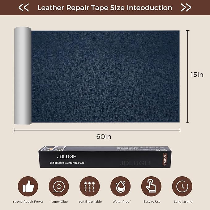 JDLUGH Sofa Leather Repair Patch Tape, Large Self Adhesive Couch, Car Seat, Office Chair, Leather Furniture, Vinyl Repair Patch Kit for Furniture (15x60 Inch, Blue)