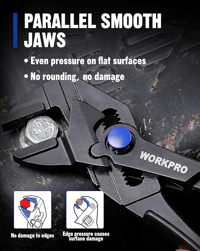 WORKPRO Mini Pliers Wrench, 4-Inch Smooth Jaw Pliers, High-Toughness Alloy Steel Adjustable Wrench Pliers with Smooth Parallel Jaws, Anti-Rust Coating, EDC Pliers for Tight Spaces & Versatile Use