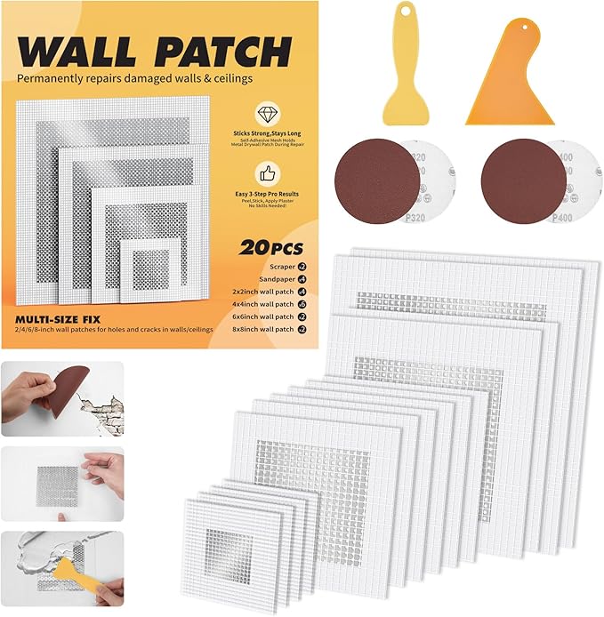 20 Pack Drywall Patch, 2/4/6/8 Inch Drywall Repair Patch, Large Hole Patch Repair for Drywall, Quick & Easy Wall Repair, Use with Wall Filler & Spackle