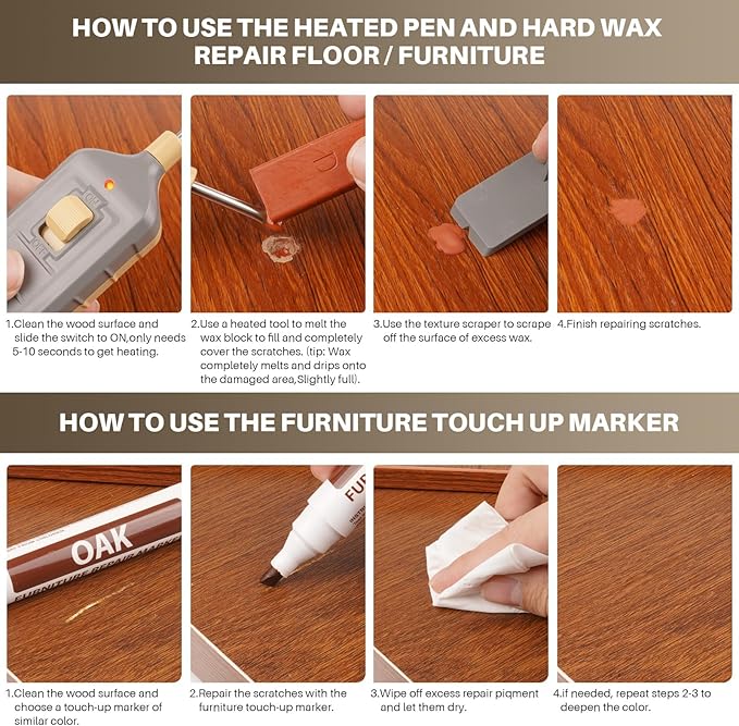 Laminate Floor Repair Kit with Heat Pen,Linoleum Repair Hard Wax 12 Color Wood Vinyl Floor Furniture Repair Kit Touch Up Marker Cover Scratches, Stains, Cracks, Holes for Door, Cabinet, Table
