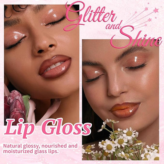2 Colors Glitter Lip Gloss with Brown Lip Liner Combo for Women, Hydration Plumping Shimmer Natural Nude Tinted Lip Glow Oil Moisturizing Long Lasting High Shine Mini Liquid Lipstick