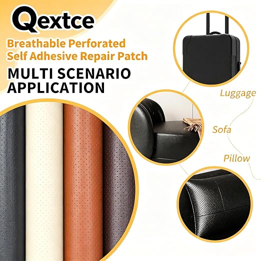 Qextce Perforated Leather Repair Patch Tape, Brown, 8x100 Inch | Breathable, Self-Adhesive, For Furniture, Couches, Car Seats, Office Chairs, Faux Leather & Vinyl Repair Kit
