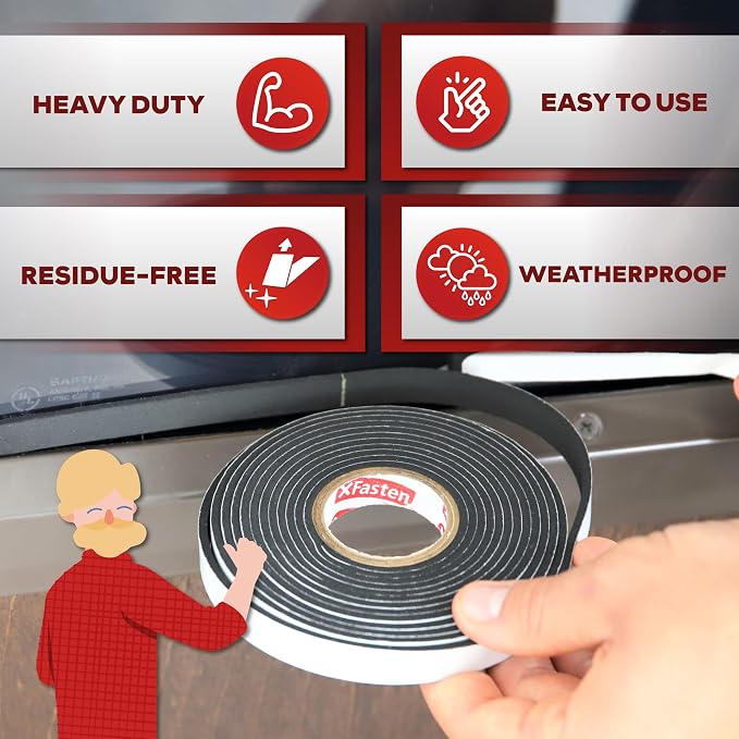 XFasten Black Foam Seal Tape with Adhesive, 3/4 Inches Thick 1-Inch X 5-Foot (3-Pack), High-Density Weather Strip Tape for Window, Door, Pipe and AC Insulation- Neoprene Insulation Foam Strip