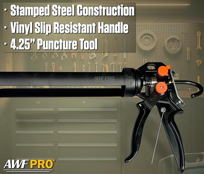 AWF PRO 29 oz Dual Thrust Caulk Gun, 25:1 or 12:1 Thrust Ratio, No Drip, Rotating Barrel, Comfort Grip, with Built-In Puncture Tool