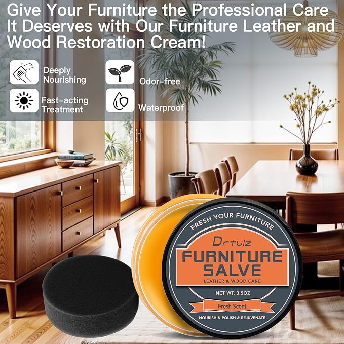 Furniture Salve with Beeswax & Orange Oil for Leather, Wood, Vinyl – 3-in-1 Polisher, Conditioner & Restorer for Couches, Tables, Chairs – Repair Kit with Brush & Cloth – Natural Leather Care, 3.5 oz