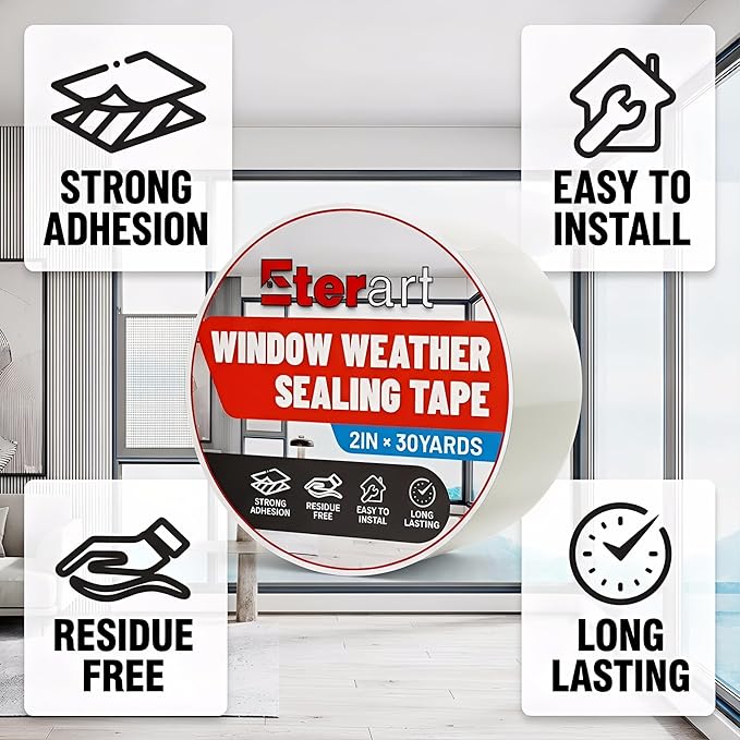 ETERART Transparent Weatherproof Seal Tape 2" x30Yds - Heavy Duty Waterproof Adhesive for Winter Drafts & Rain Leaks, No-Residue Weather Stripping for RVs, Windows, Doors & Renters