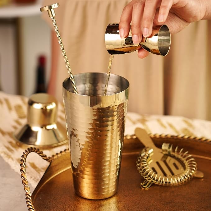 Twine 4-Piece Gold Hammered Cocktail Shaker Set Includes Cobbler Shaker, Strainer, Jigger, Bar Spoon for Classic Cocktails, Mixed Drinks, Cold Brew, Home Bar Tools, Bartender Kit, Bar Cart Accessories