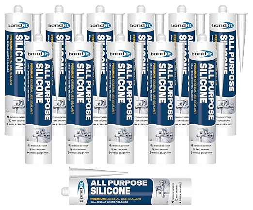 Bond It All Purpose Silicone, Premium General Use Acetoxy Sealant, Waterproof Flexible Silicone for Bathroom, Kitchen, Windows, Doors, Showers, Indoor, Outdoor Sealing, 10 oz, Pack of 12, White