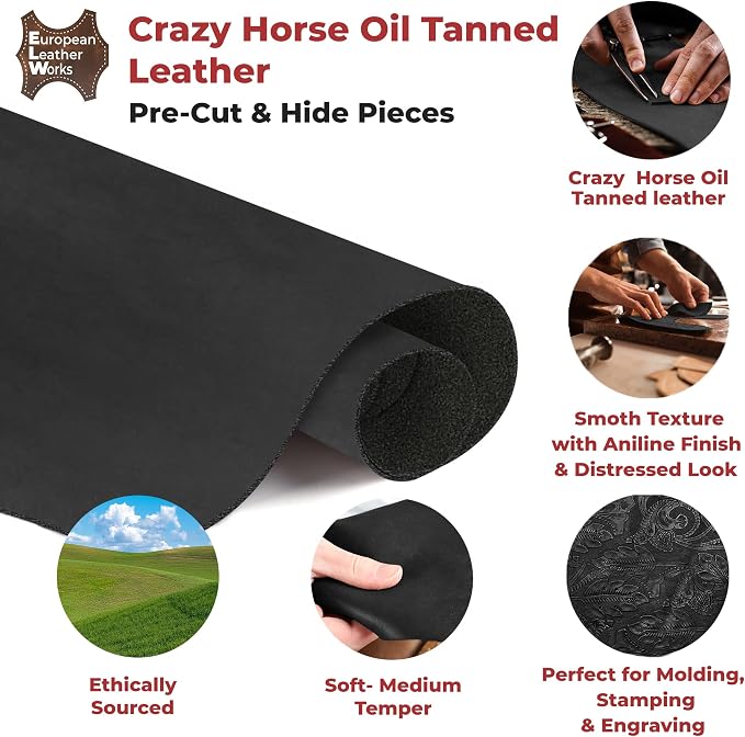 ELW Crazy Horse Leather 5-6 OZ (2-2.4mm) | Black | Pre-Cut 2.5-4 SQ FT 2PCS | Full Grain Cowhide Handmade Leather for DIY, Crafts, Sheaths, Sewing, Workshop