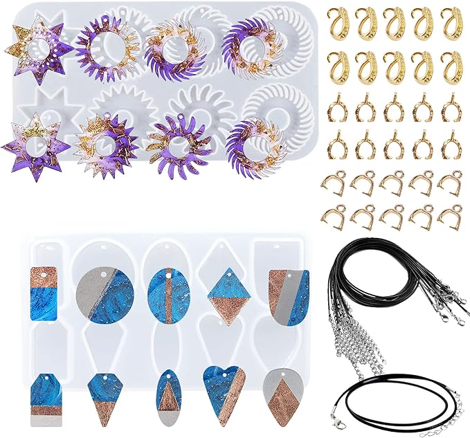 Yayatty Epoxy Resin Molds Kit, Gear Silicone Molds Geometry Pendant Jewelry Casting Resin Silicone Molds with Holes, Black Wax Rope and Pendant Buckle for Jewelry Making