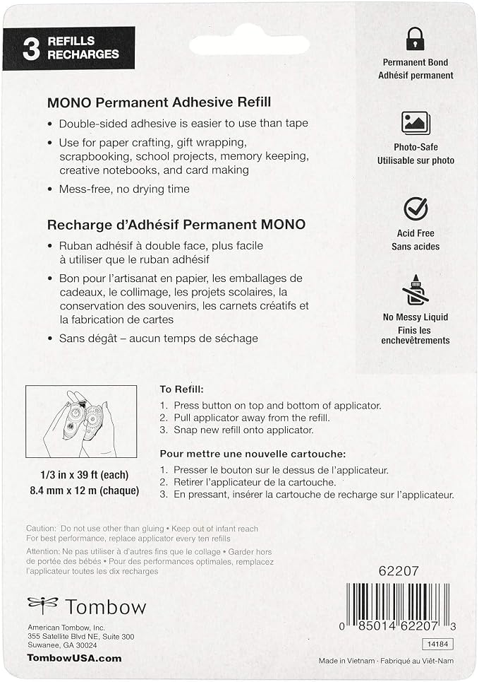 Tombow 62207 MONO Permanent Adhesive Refills, 3-Pack. Easy to Use Refills for a Strong, Instant Bond