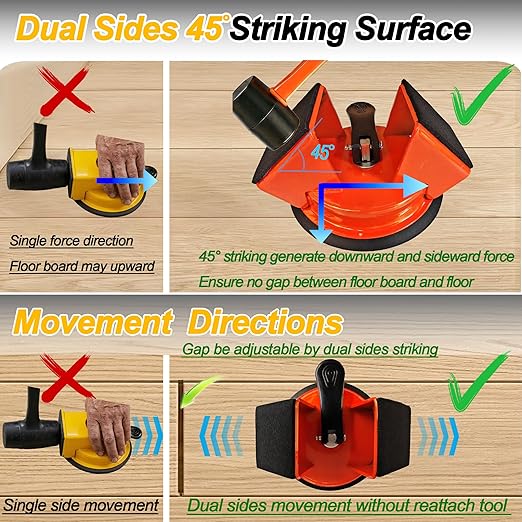 Floor Gap Fixer Tool, with Dual Heavy Duty 45°Striking Surface, Enhanced Suction Cup, 6X Sticky Pads, Rubber Mallet, Hook Tool, Works for Laminate, Vinyl, LVP, Wooden, Hardwood, Floor