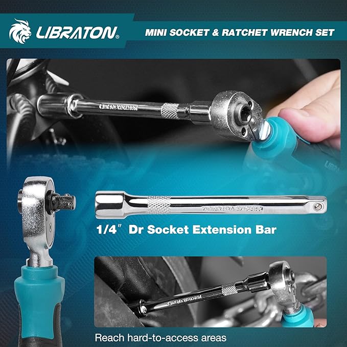 LIBRATON 1/4" Drive Mini Socket & Ratchet Wrench Set with Bits, 4-13mm Shallow Sockets, Magnetic Driver Handle, Extension Bars & Universal Joint, with Storage Case for DIY, Auto Repair
