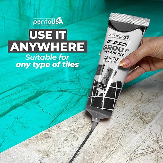 PentaUSA Tile Grout Repair Kit - Dark Gray Premixed Acrylic Sanded Grout, Water-Resistant Grout Filler for Bathroom&Shower, Kitchen Floor, Fast Drying, with Applicator, 13.4 oz (380g)